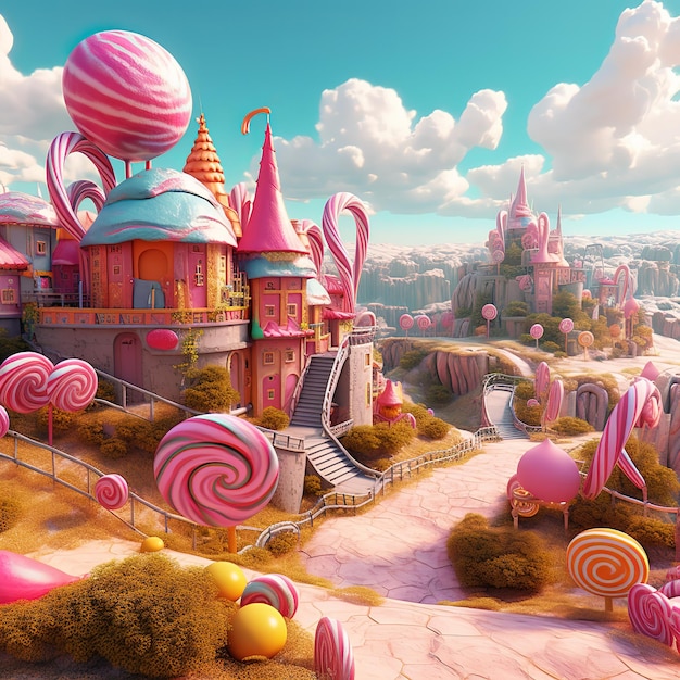 Candy land with huge candies and a house in sweet forest Colorful candies in candy land