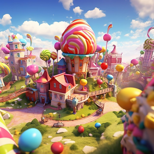 Candy land with huge candies and a house in sweet forest Colorful candies in candy land