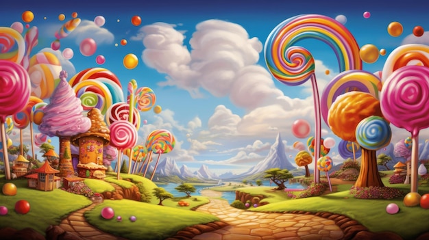 A candy land with a river and mountains