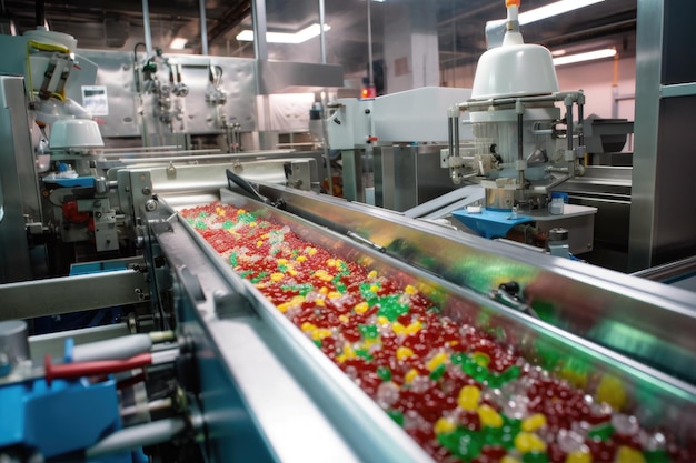 Candy production line with robotic arms packaging created with generative ai