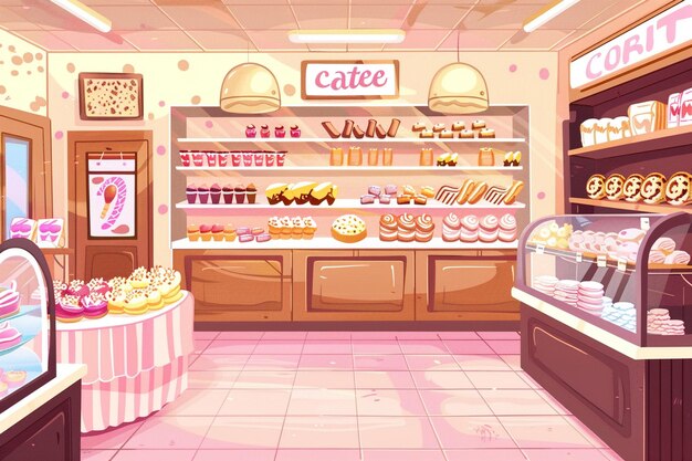 Photo candy shop empty interior with various pastry