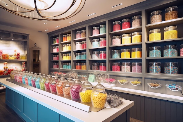 Candy shop with colorful modern interior sweets on display glass jars of candy