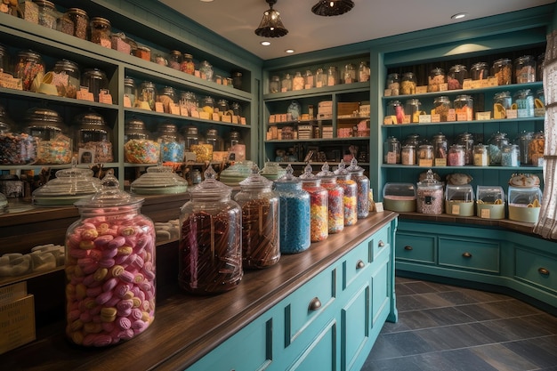 Candy shop with oversized jars of sugary treats and whimsical decor