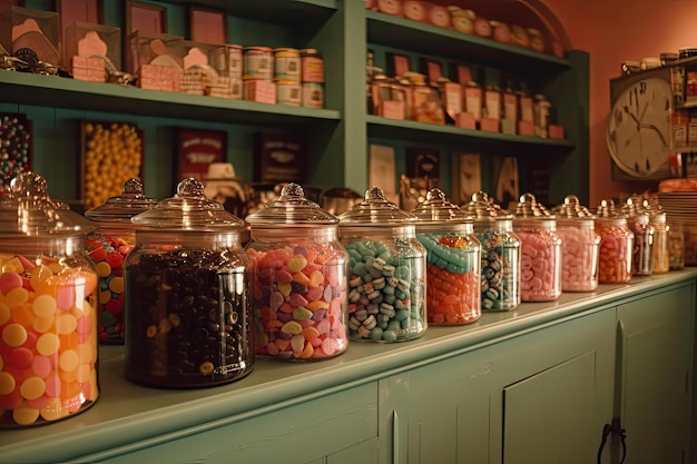 Candy shop with vintage candy jars retro sweets and nostalgic decor created with generative ai