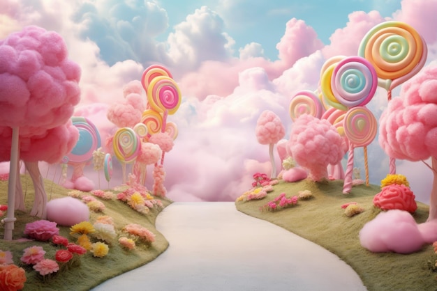 Foto alberi di lecca-lecca della città delle caramelle sfondo di dolci poster della festa di compleanno del bambino o modello di cartolina illustrazione ai generativa città di caramelle con cielo azzurro e nuvole di marshmallow