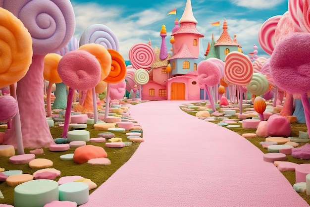 Photo candy town lollipop trees sweets background child birthday party poster or postcard template generative ai illustration candy land town with blue sky and marshmallow clouds