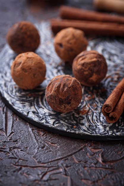 Candy truffles with cocoa powder