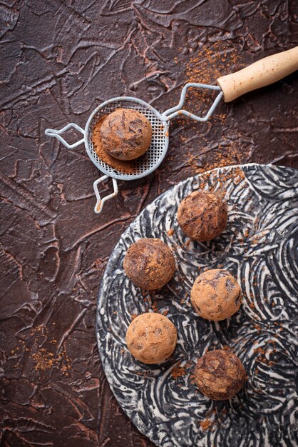 Candy truffles with cocoa powder