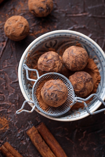 Candy truffles with cocoa powder