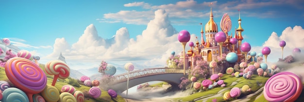 Foto terra fantastica del mondo delle caramelle fatta di caramelle con castello e lecca-lecca colorati ai