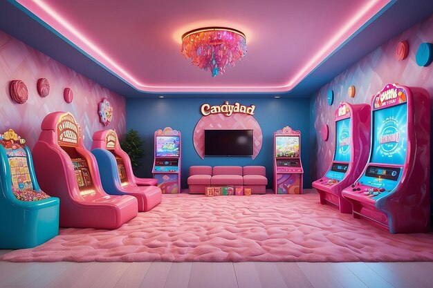 CandylandInspired Gaming Lounge Gaming Room interieur mockups met lege kopieerruimte