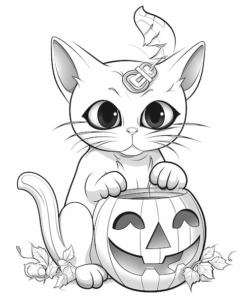 CandyLoving Kitty Coloring Page Kids with Halloween Cat and No Shading