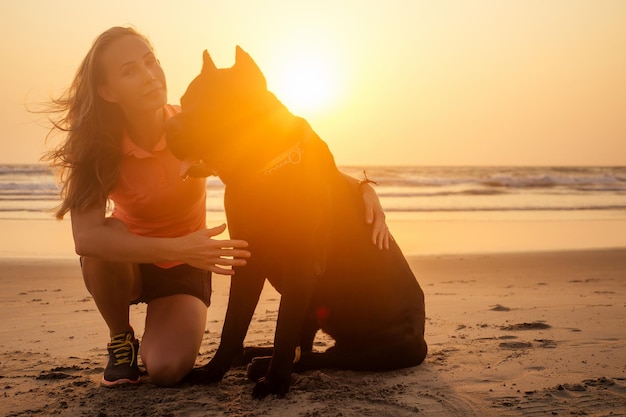 サンセットの海のビーチでカネコルソとトレーナー犬チューおもちゃ