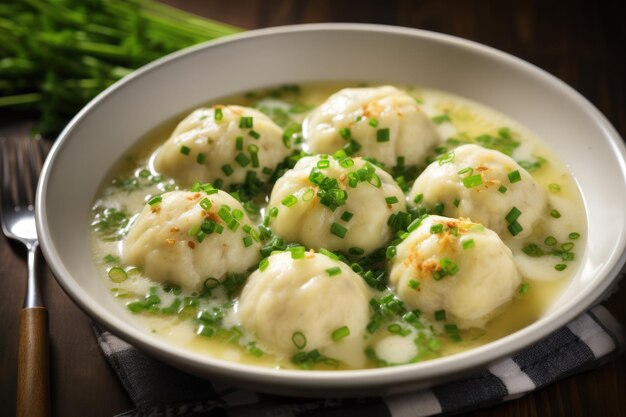 Canederli of Knodel in bouillon met pasta dumplings met groene uien