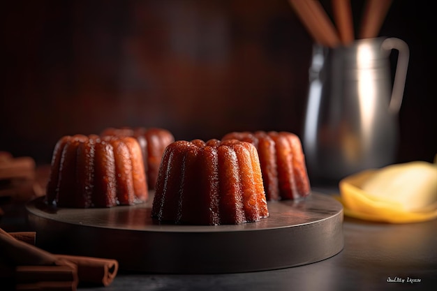 Canele Cake Traditional France Dessert traditional Caneles de Bordeaux on Dark Background Abstract Generative AI Illustration