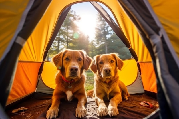 Собаки-компаньоны в походе Две предприимчивые собаки наслаждаются отдыхом в палатке