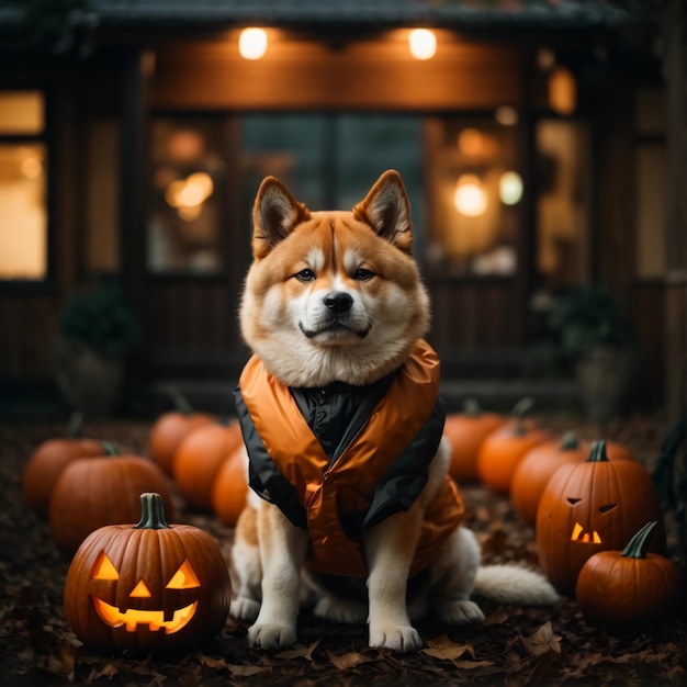 Canine Coven Akita Inu in Bewitching Halloween Attire