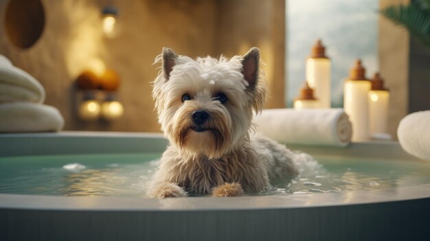 Foto il cane si indulge nel relax della spa e nella felicità della pulizia