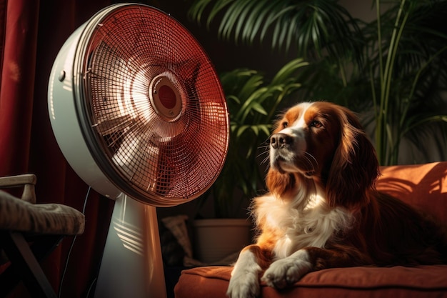 The canine is positioned by the fan