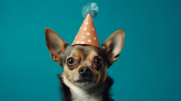 개가 파란색 배경에 파티 모자를 쓰고 축하하는 모습을 포착한 개과의 흥겨운 모습