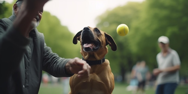 Foto canine playtime cane e proprietario inseguono la palla nel parco