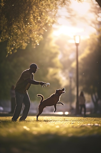 Canine Playtime Hond en eigenaar jagen op bal in het park