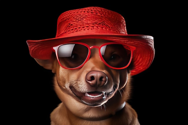 Foto un cane che indossa un cappello rosso brillante e un paio di occhiali da sole