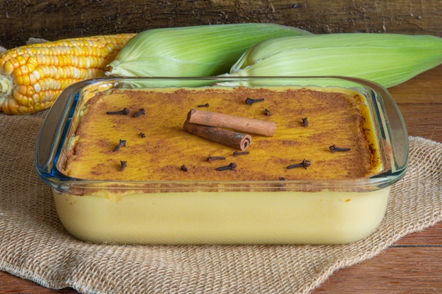 Canjica. Curau. Typical Brazilian sweets. Corn cobs. Brazilian dessert.