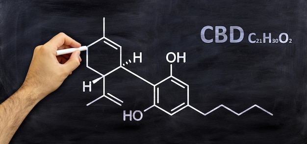 Cannabidiol cbd molecular structure drawing on a board