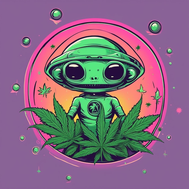 Cannabis Alien Ufo 2d Cute Fantasy Dreamy Psychedelic Vector Illustration 2d Flat Centered