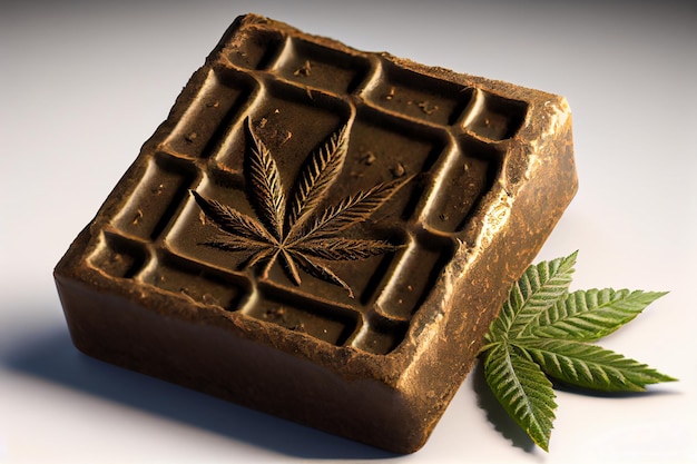 Photo cannabis brown hashish and green leaf closeup illustration generative ai