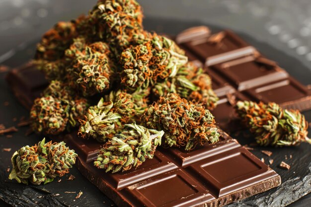 Photo cannabis buds on dark chocolate bar closeup