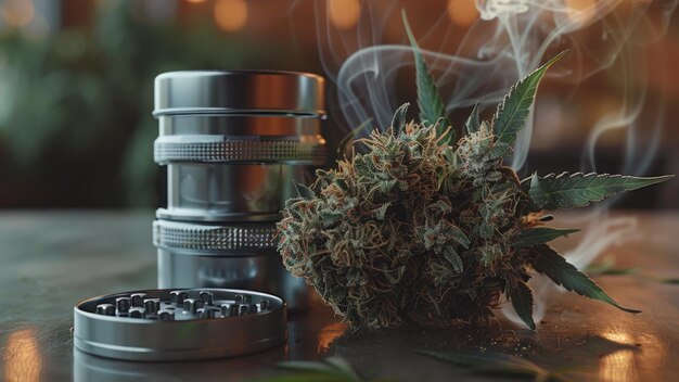 Photo cannabis buds and grinder on wooden surface