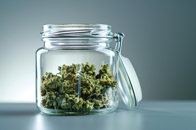 Photo cannabis buds in jar closeup with fresh leaves