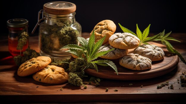 cannabis cbd marijuana and cannabis buds with marijuana leaves and a glass of beer on a wooden table