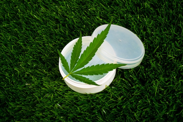 Cannabis cream on green grass, beauty skin care.