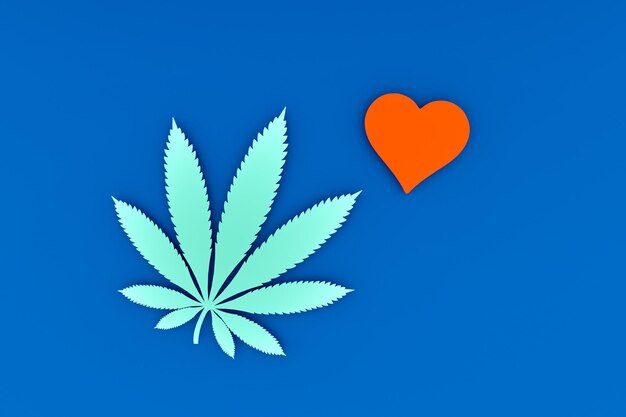 Foto cannabis en hart op een blauwe achtergrond