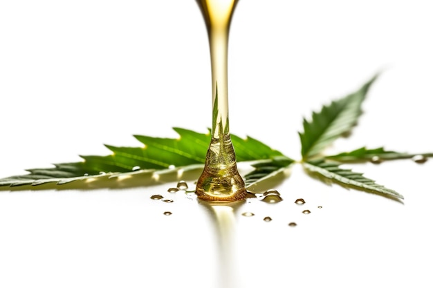 Photo cannabis extract oil drop and hemp leaf on white background generative ai illustration