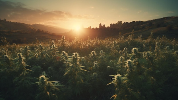 Cannabis field at sunset Generative Ai