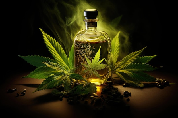 Cannabis groene bladeren en cbd-extract in fles Lichte medicijnen voor medicijnen Medisch marihuanaconcept Gemaakt met Generative AI