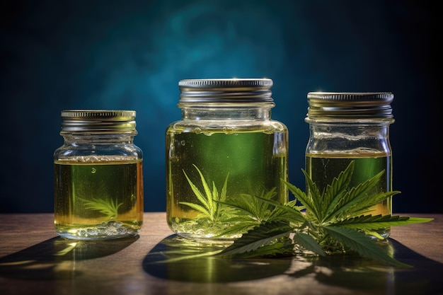 Cannabis groene bladeren en cbd-extract in fles Lichte medicijnen voor medicijnen Medisch marihuanaconcept Gemaakt met Generative AI