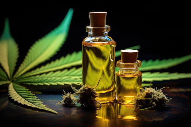 Cannabis groene bladeren en cbd-extract in fles Lichte medicijnen voor medicijnen Medisch marihuanaconcept Gemaakt met Generative AI