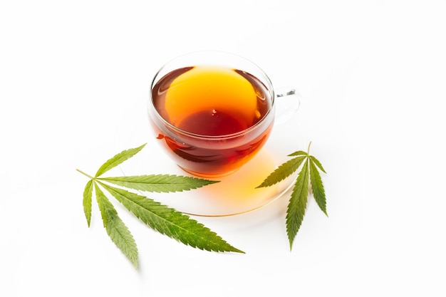 Cannabis herbal tea n white background