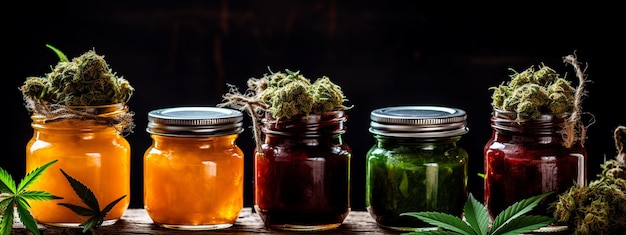 Cannabis jam in a glass jar Cannabis jam on a wooden background Delicious natural marmalade