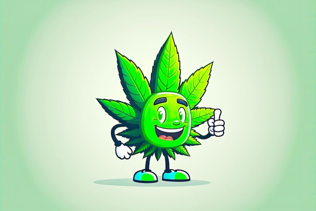 Cannabis leaf cartoon character  person with marijuana in raised hand