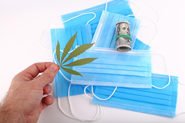 Cannabis leaf in hand against the background of a medical mask from coronavirus and one hundred US dollars