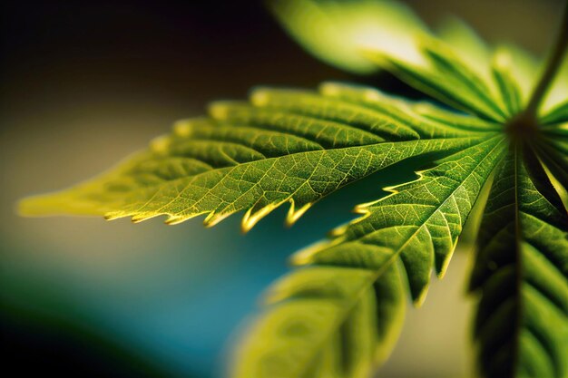 Cannabis leaf Macro or closeup illustration Marijuana leaves on blurry background