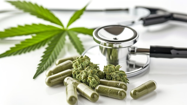 cannabis leaf stethoscope and pills on white background