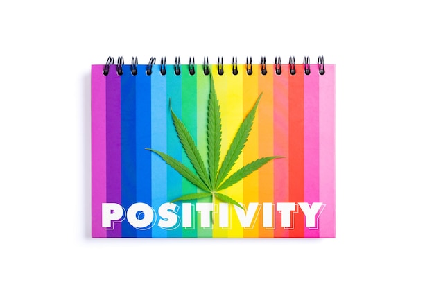 Cannabis leaves are placed on the cover of a colorful book on a white background.