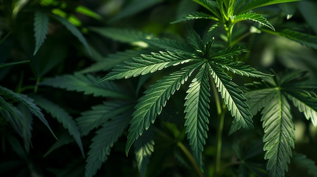 Cannabis leaves of a plant on a dark background selective focus Generative AI